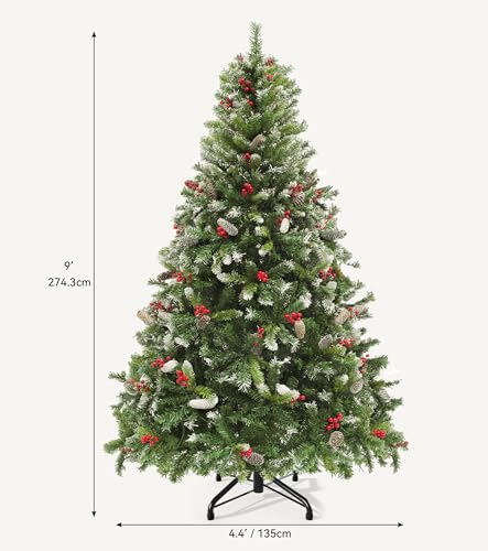 DWVO 9ft Pre-Lit Christmas Tree with Pine Cones & Red Berries, 2058 Tips, 900 Lights, Green with Pine Cone & 8ft 11in Variation