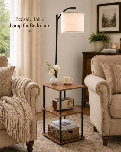 Rustic Brown Floor Lamp with Table and Shelves - 3 CCT 9W LED Bulb