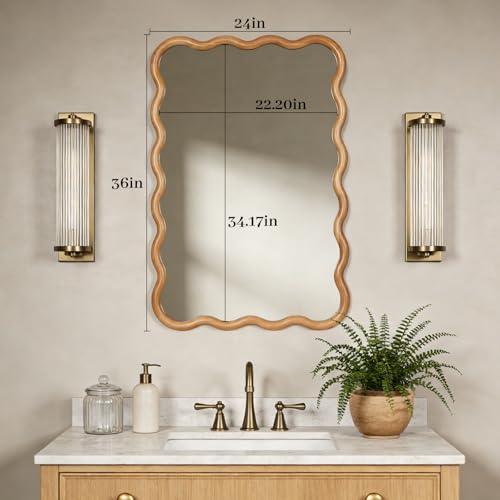 Wavy Wood Mirror 24x36 Inch Wall Decor with Wooden Frame - Walnut Variation