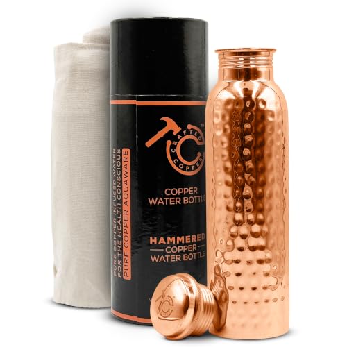 Hammered Copper Water Bottle 34 Oz Extra Large Leak-Proof Drinking Flask with Canvas Bag