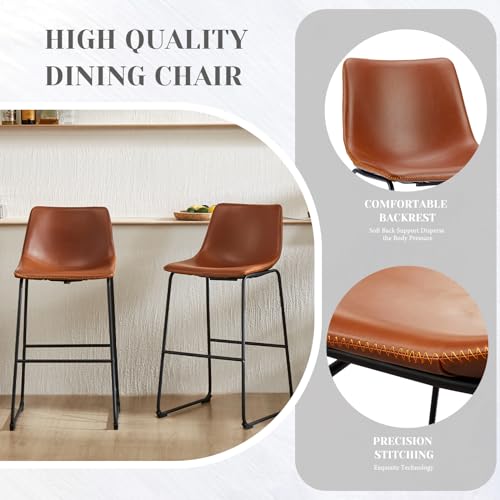 Counter Height Bar Stools Set of 2 - Brown Faux Leather with Metal Legs