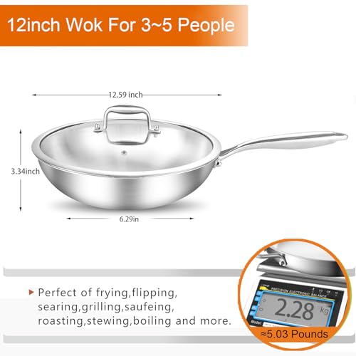 Delarlo 12-Inch Tri-Ply Stainless Steel Wok with Lid - Single Handle