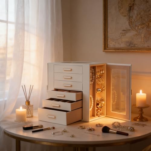 BOOVO White 6-Layer Jewelry Organizer Box with Clear Lid, Large Storage