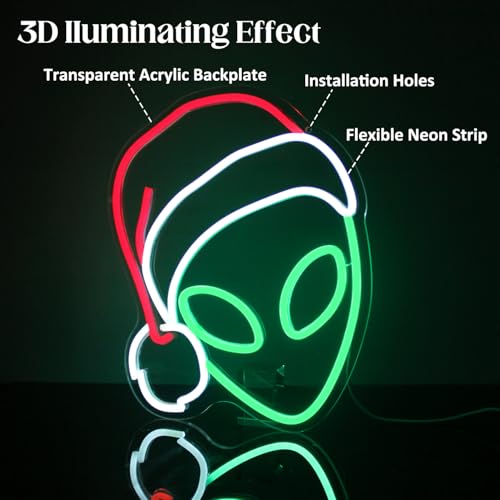 CKTBLEY Christmas Alien Neon Sign with Santa Hat (Red, Green, White) USB LED for Bedroom Decor