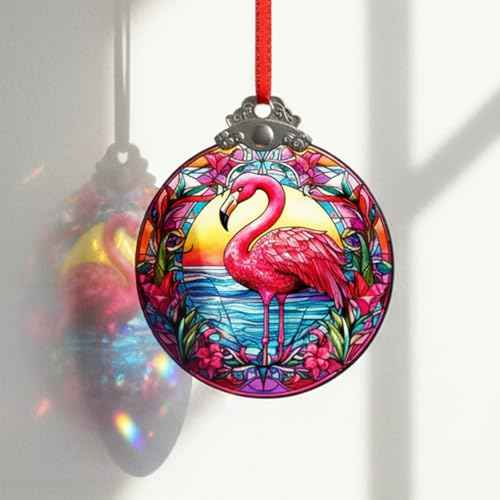 Flamingo Christmas Tree Ornaments - Stained Glass Hanging Art Decor for Window Home Elegant Round Ornament Small Sun Catcher Xmas for Bird Lover Women Gifts Exchange Idea