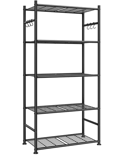 Black 5-Tier Metal Storage Shelves with Hooks - Heavy Duty Garage & Home Organizer