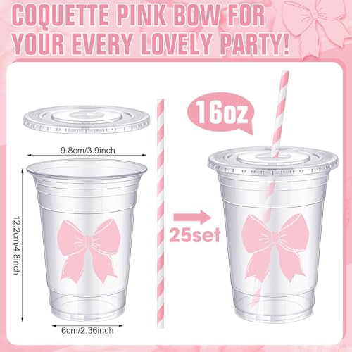 Sliner 16oz Pink Bow Plastic Cups with Straw - Pack of 25, Coquette Style