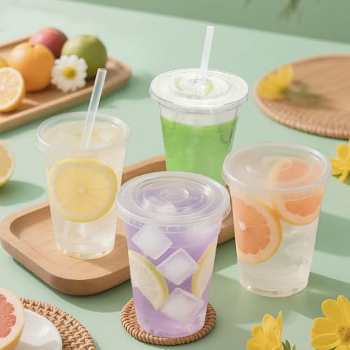 32 oz Disposable Plastic Cups with Lids & Straws - 100 Set for Cold Drinks & Takeout - Variation: 32.0 Ounces / 100