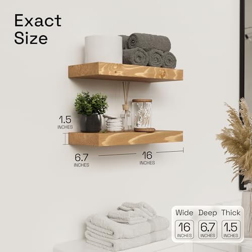 Gold Oak Floating Wall Shelves - 16 Inch Wooden Bathroom & Kitchen Shelves Set - BAOBAB WORKSHOP Variation