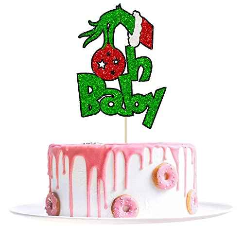 1Pcs Greench Christmas Oh Baby Cake Topper Glitter Shower Cake Pick Decorations for Greench Christmas Theme Kids Birthday Party Supplies