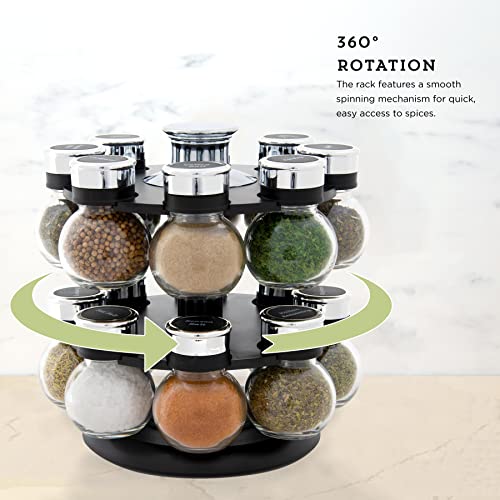 16-Jar Revolving Spice Rack with Clear Labeled Caps & Removable Sifters
