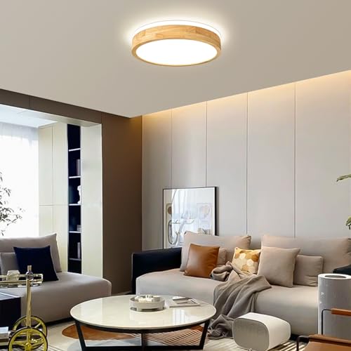 Dimmable Wood Flush Mount Ceiling Light 15.74in - 5CCT Adjustable Modern LED Fixture