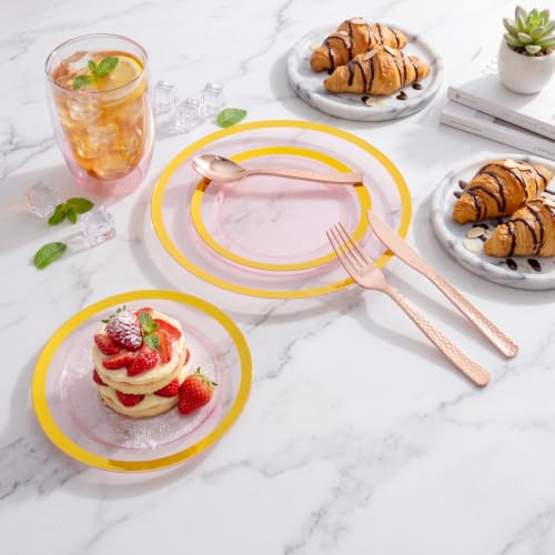360PCS Rose Gold Plastic Silverware Set - Heavy Duty Disposable Cutlery (120 forks, 120 knives, 120 spoons) - Spherical Hammered Handle - Sku: 360PCS / Plastic Rose Gold Silverware