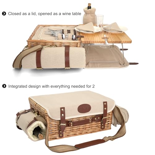Multifunctional Wicker Picnic Basket Set for 2 with Blanket & Table - Natural Variation