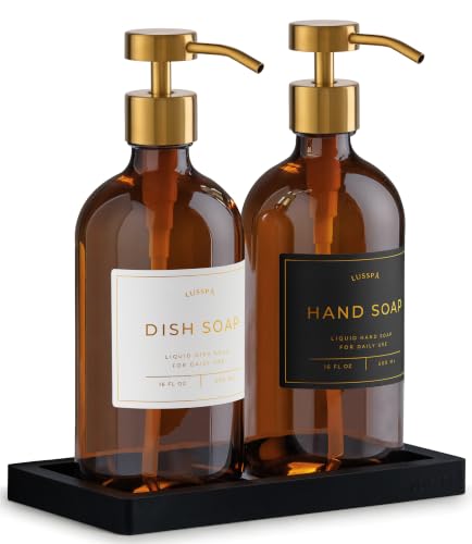Amber Glass Soap Dispenser Set of 2 with Gold Pumps & Silicone Tray - 16.8 Oz