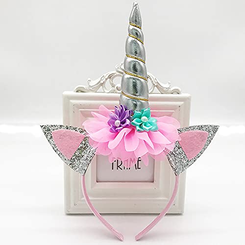 2Pcs Unicorn Horn Headbands Flowers Cat Ear HeadBands for Birthday Party, Christmas,Halloween,Photo Props, Unicorn Themed Party Decoration Supplies(Gold and Sliver), 10 inch L x 7 inch W