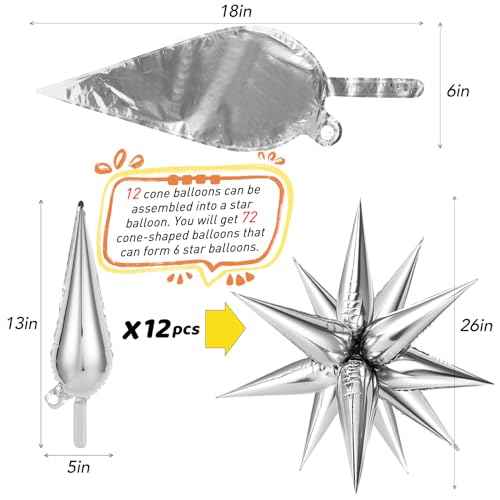 36 Pcs Silver Star Balloons Explosion 12 Point Foil Cone Balloons Spike Mylar Balloon Large for Wedding, Anniversary, Backdrop, Birthday Party Decorations