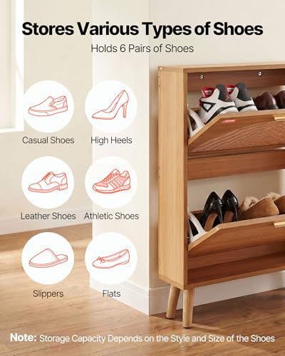 VEVOR Shoe Cabinet with 2 Flip Drawers, Rattan Doors, 6.61"D x 23.62"W x 34.53"H, Small Space Entryway Storage