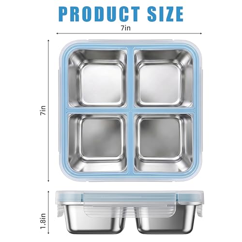 BSTUR 4-Pack Blue Stainless Steel Snack Containers with Lids, 4-Compartment Bento Box