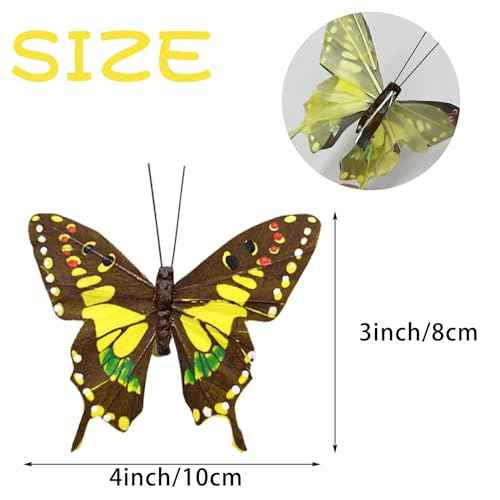 12pcs Earth Tone Butterfly Fall Decoration Thanksgiving Christmas Tree Ornaments 5-Inch Feather Butterfly Clip for Flower Bouquets Birthday Party Clothes Decor Xmas Wreath Crafts