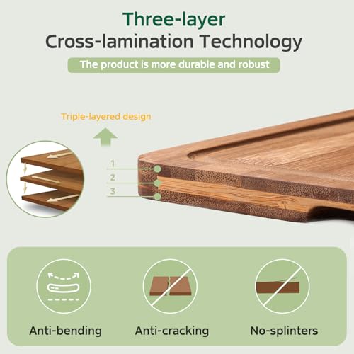 Bamboo Cutting Boards Set of 3 with Storage Stand - Reversible Chopping & Charcuterie Boards for Kitchen