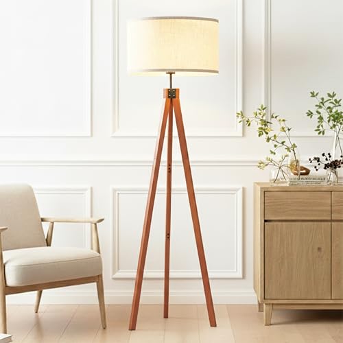 Tall Tripod Floor Lamp with Dimmable LED, Solid Wood Legs for Living Room & Bedroom