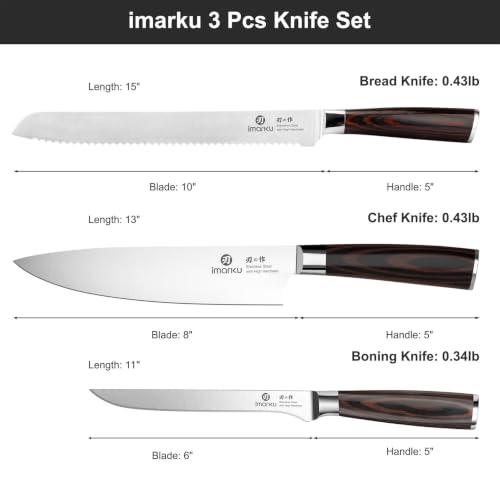 Imarku Pakkawood Brown 3-Piece Japanese Chef Knife Set with High Carbon Stainless Steel