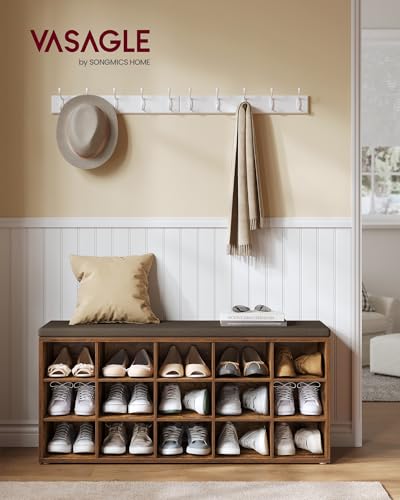 VASAGLE Rustic Brown & Chestnut Shoe Bench with 15 Cubbies & Removable Cushion