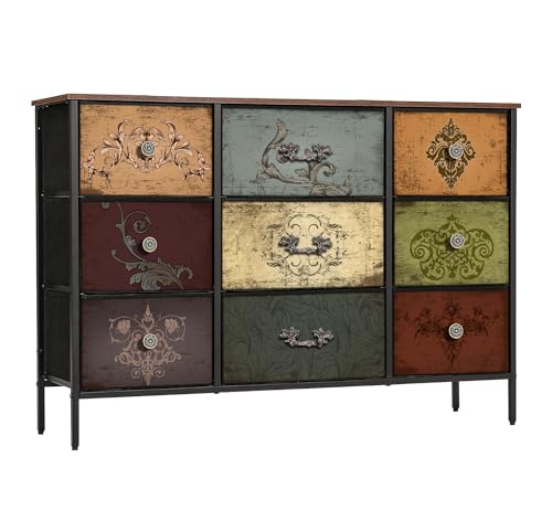 VASICAR Bedroom Dresser with 9 Deep Fabric Drawers - 11.8"D x 43.3"W x 29.9"H, Pattern Variation