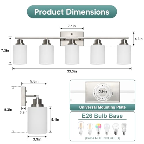 Brushed Nickel 5-Light Vanity Light Fixture with Frosted Glass Shades - Wall Sconce for Bathroom & Living Room - Includes Mounting Hardware