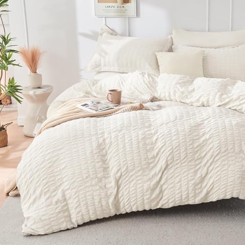 King Comforter Set 7PCS Bed in a Bag Seersucker Bedding Ivory - King(104" x 90")