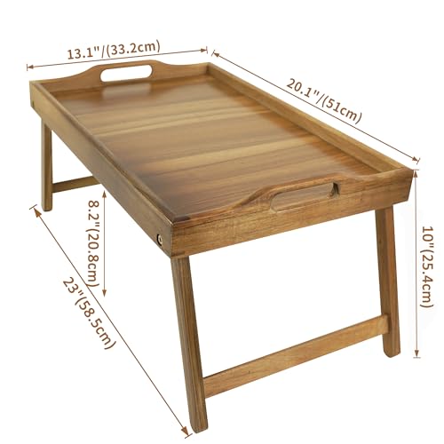 Large Acacia Bed Tray Table with Foldable Legs for Breakfast, Reading, and Laptop Use