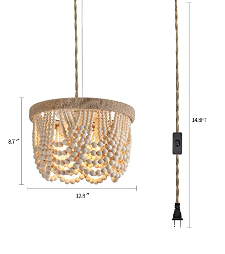 Plug-in Boho Chandelier with Natural Hemp Rope & Wooden Beads - Farmhouse Pendant Light with 14.8FT Cord, 3 E26 Bulb Bases, On/Off Switch, Natural Hemp Variation