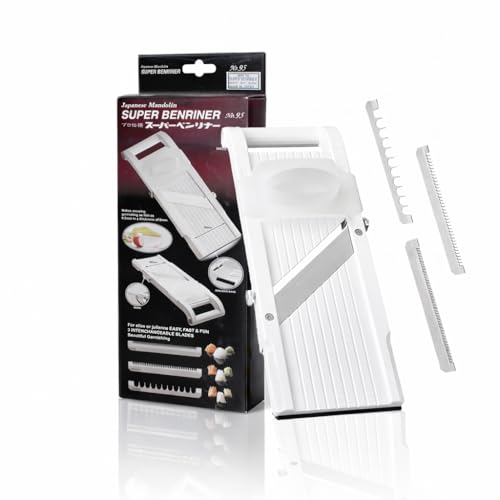 Benriner Super Slicer Mandoline with 4 Japanese Stainless Steel Blades - White, 14.5x5.25 inches