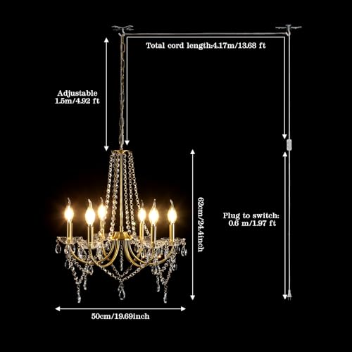 6-Light Gold Crystal Plug-In Chandelier with Long Cord - Modern Pendant Light for Dining Room Bedroom Living Room