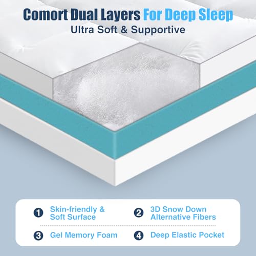 Aodenge White 4 Inch Dual Layer Queen Mattress Topper with Cooling Gel Memory Foam & Pillow Top, Deep Pocket