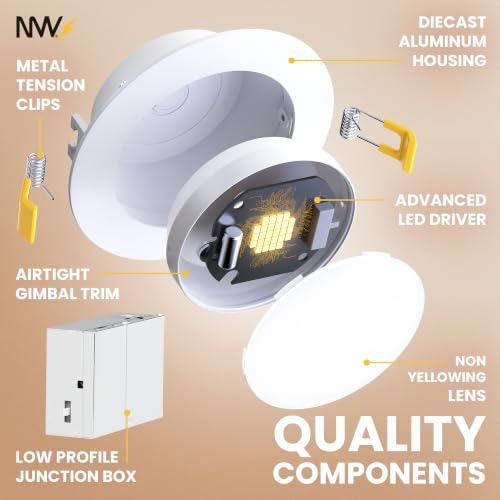 NUWATT Airtight 4 Inch Gimbal LED Recessed Lights, 2700K-5000K, ETL,