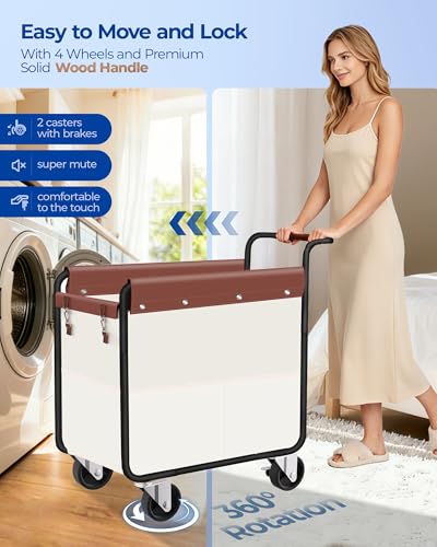 Kayfia Beige 180L Rolling Laundry Hamper with Removable Waterproof Bag and 7 Side Pockets