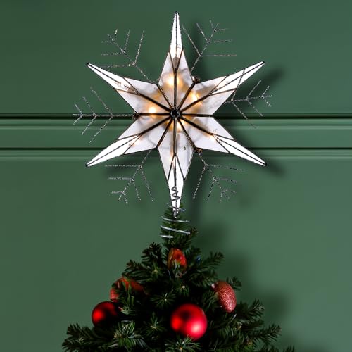 10-Inch Silver Capiz Snowflake Christmas Tree Topper with Lights