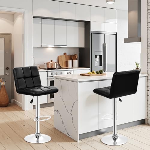 Black Set of 2 Adjustable Bar Stools with Backrest - PU Leather, Swivel & Footrest