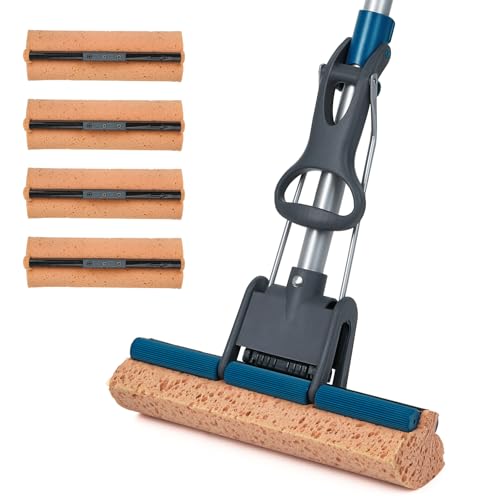 TreeLen Blue Sponge Mop for Floor & Wall Cleaning, Heavy Duty 50" Self-Squeeze Roller with 4 Cellulose Refills