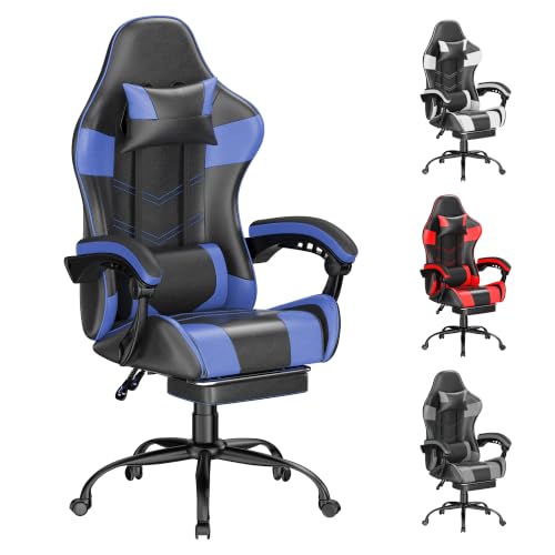 Blue Gaming Chair with Footrest, Ergonomic Video Game Chair for Adults