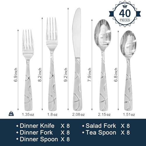 HIKAA 40-Piece Silver Flatware Set for 8, Dishwasher Safe Kitchen Cutlery