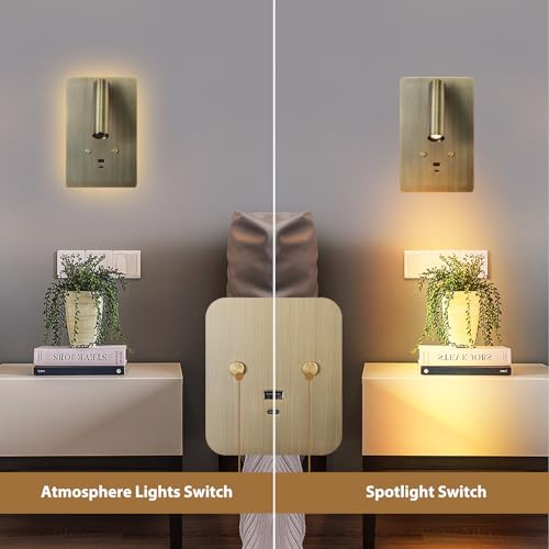 Bronze Wall Mounted Reading Light Set of 2 with USB Ports - Dimmable Bedside Sconces