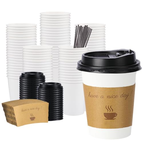 White 12oz Disposable Coffee Cups with Lids - 100 Pack