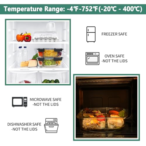 Black 8 Pack 36oz Borosilicate Glass Meal Prep Containers 3 Compartments