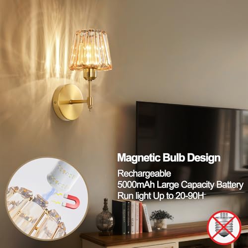 Amber Rechargeable Crystal Wall Sconce Set of 2 with Remote, Dimmable 12 Color Modes, Battery Operated LED Wall Lights for Bedroom & Living Room