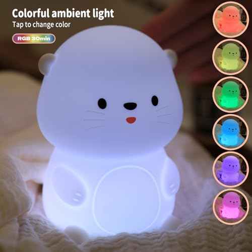 Cute Otter Night Light, Dimmable Nursery Lamps, Super Squishy Silicone Timer USB Rechargeable Touch Control RGB Night Lamp for Kids Adults, Used for Camping Party Room Decor (Otter)