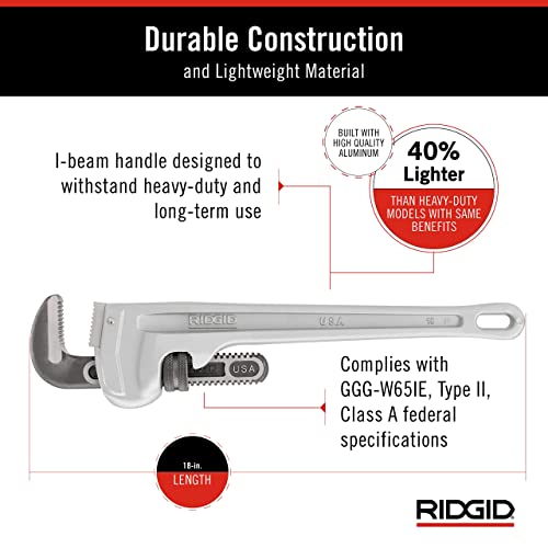 RIDGID 31100 Model 818 18-inch Aluminum Straight Pipe Wrench – Lightweight Plumbing Tool