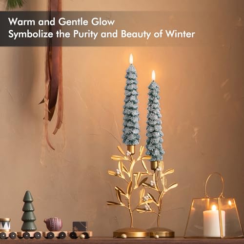 Fanna Green Snow Covered Christmas Tree LED Candles, Flameless Taper with Remote & Timer - Set of 2